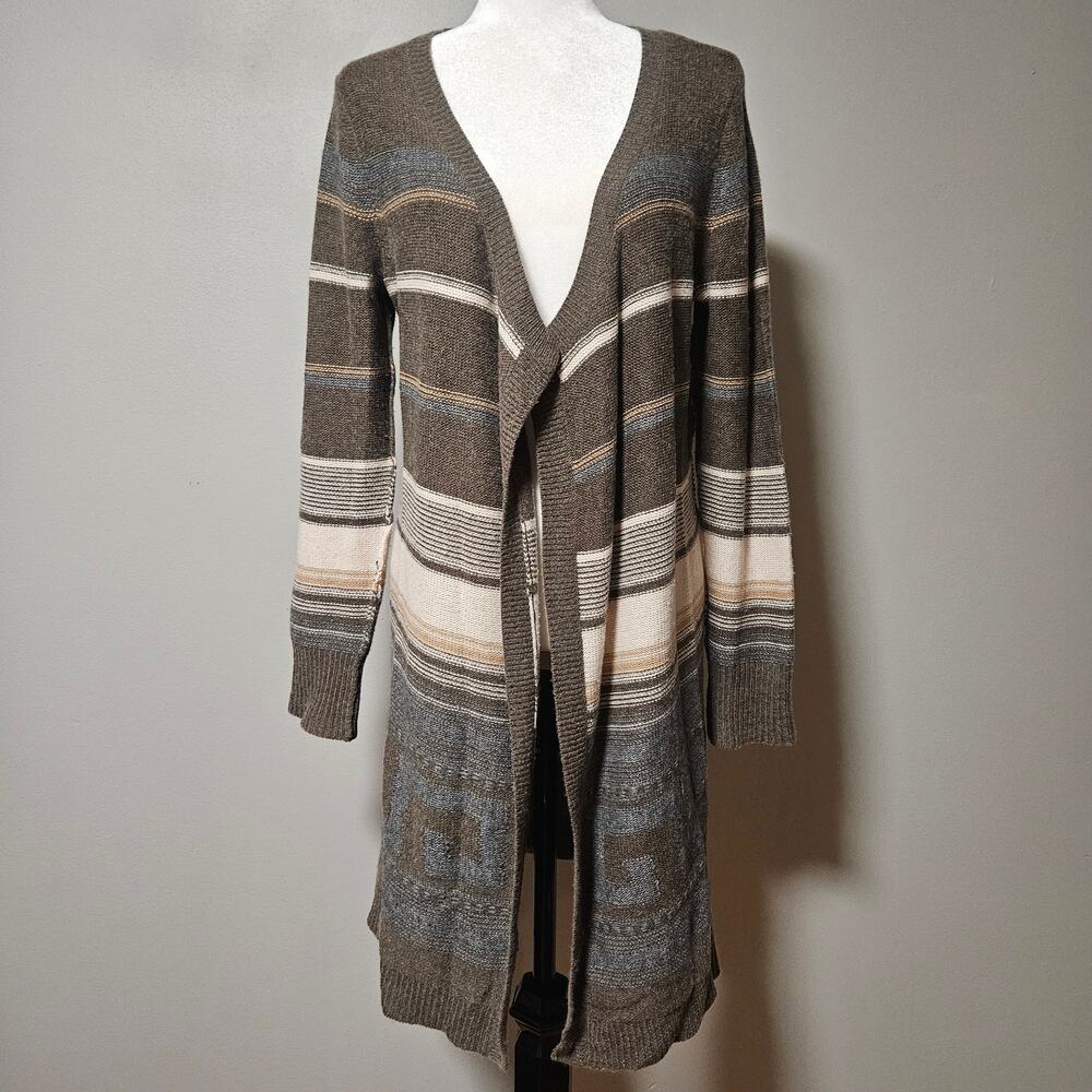 Cynthia Rowley Open Front Cardigan Brown Stripped Wool Cashmere Sweater Womens M